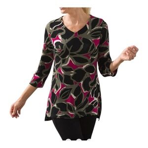 Chico's Travelers Floral Back Zip Top Black Pink Green Women Size Large